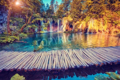 Fototapete 3D Wasserfall und türkisfarbenes Wasser