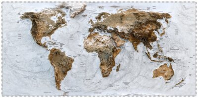 Fototapete 3D World map of the Earth with exaggerated topographic relief and countries names and boundaries. High detailed global world physical map. Planet map with continents, countries borders, water objects