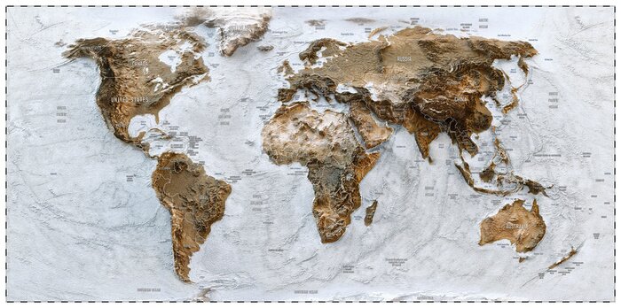 Fototapete 3D World map of the Earth with exaggerated topographic relief and countries names and boundaries. High detailed global world physical map. Planet map with continents, countries borders, water objects