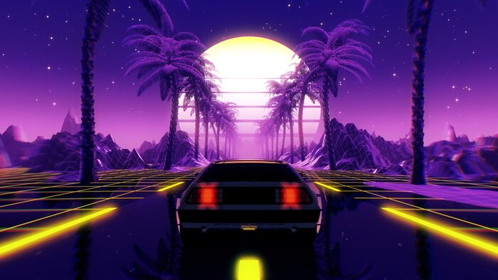 Fototapete 80s retro futuristic sci-fi 3D illustration with vintage car. Riding in retrowave VJ videogame landscape, neon lights and low poly grid. Stylized cyberpunk vaporwave background. 4K
