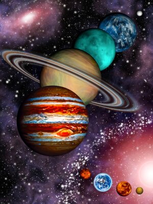 9 Planeten des Sonnensystem, Asteroidengürtel und Spiralgalaxie.