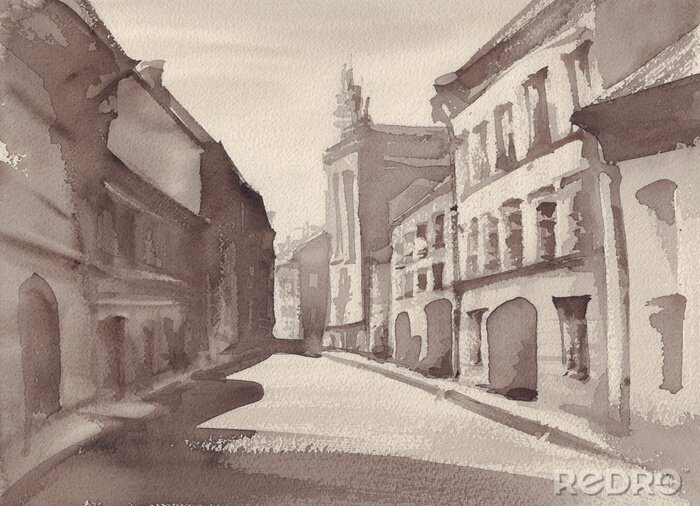 Fototapete A sketch of city street, sepia color. Watercolor style