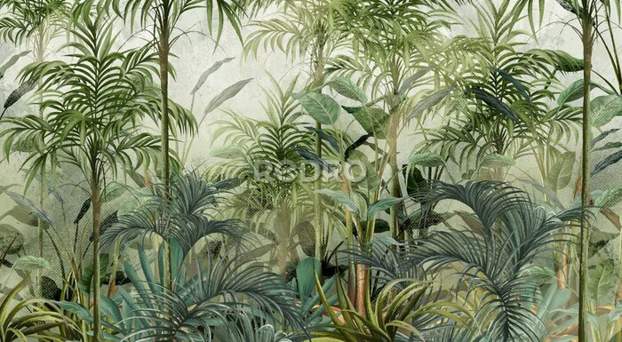 Fototapete A whole world created by the artist’s brush, which combines fiction and colorful reality. Bright green tropic, art pattern on a textured background, photo wallpaper for the interior.