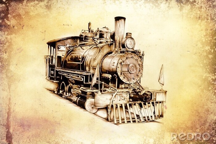 Fototapete Abbildung mit einer Lokomotive im Retro-Stil
