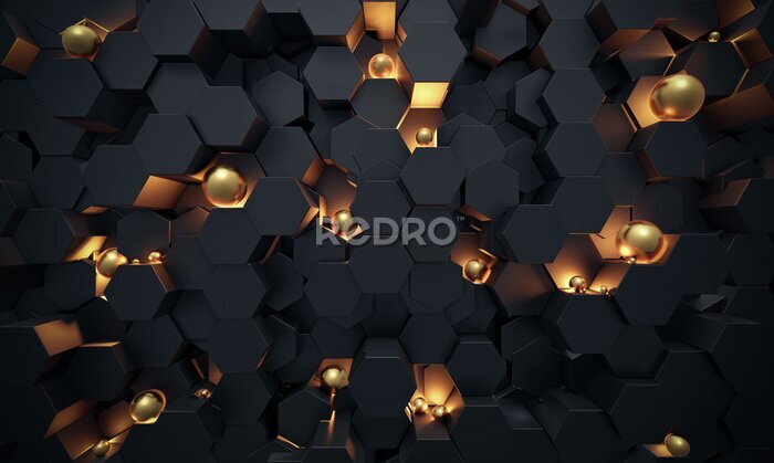 Fototapete Abstract 3D Dark hexagon wallpaper or background with golden sphere lightened 