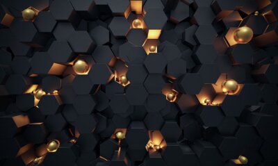 Fototapete Abstract 3D Dark hexagon wallpaper or background with golden sphere lightened 