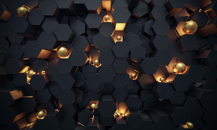 Fototapete Abstract 3D Dark hexagon wallpaper or background with golden sphere lightened 