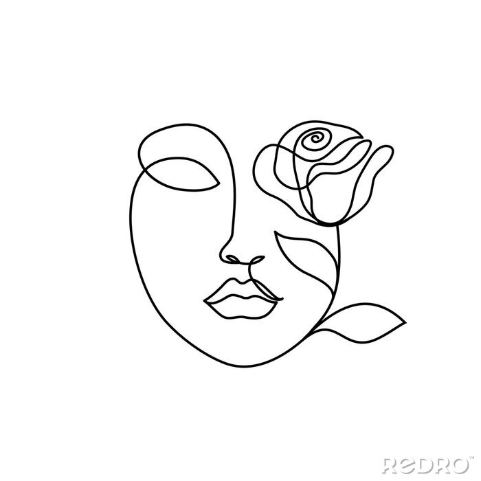 Fototapete Abstract beauty woman face with rose. Continuous line drawing
