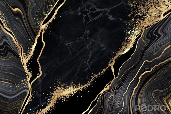 Fototapete Abstract black marble background with golden veins, japanese kintsugi technique, fake painted artificial stone texture, marbled surface, digital marbling illustration