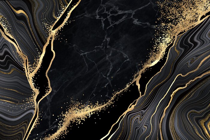Fototapete Abstract black marble background with golden veins, japanese kintsugi technique, fake painted artificial stone texture, marbled surface, digital marbling illustration
