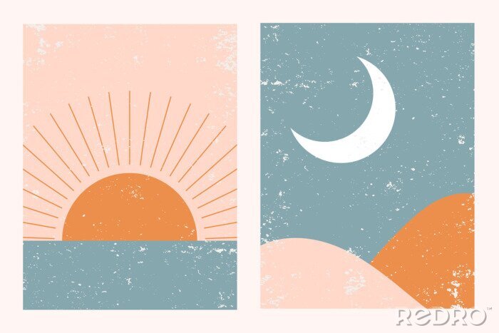 Fototapete Abstract contemporary aesthetic background landscape set with Sun, Moon, sea, mountains. Earth tones, pastel colors. Boho wall decor. Mid century modern minimalist art print. Flat abstract design.
