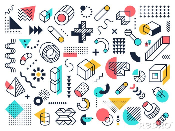 Fototapete Abstract geometric shapes. Circle and triangle, graphic 90s funky memphis ornaments, abstract design elements. Retro constructivism symbols vector isolated symbols collection. Contemporary background