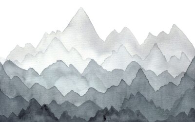 Fototapete Abstract gray hand drawn watercolor landscape with dark and light mist mountains. Minimalistic nature illustration with stones and forest for travel background decoration, wallpaper