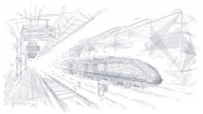 Fototapete Abstract low poly 3d wireframe of modern train at railway station or metro. Vector sketch drawing with connected dots. Rapid transit system, transportation, railway logistics concept isolated in white