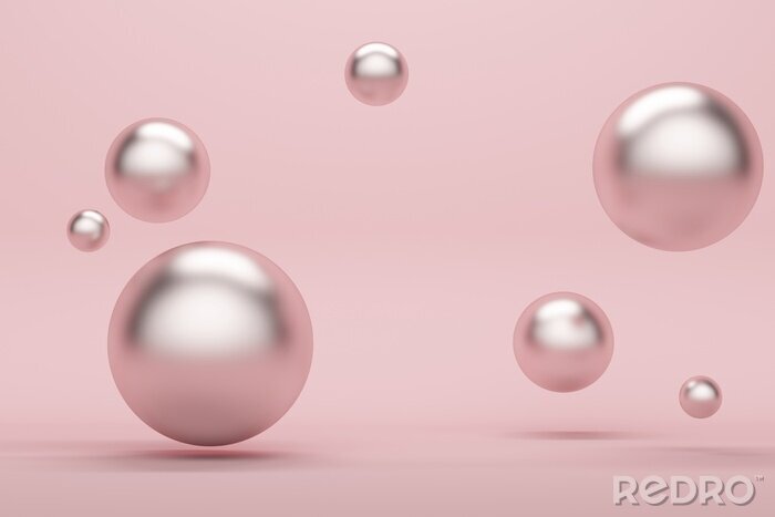 Fototapete Abstract pink background with metallic flying spheres. 3d rendering