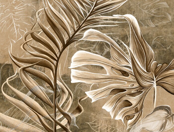 Fototapete Abstract tropical leaves on concrete grunge wall. Floral background. Design for wallpaper, photo wallpaper, mural, card, postcard.