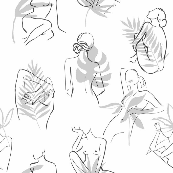 Fototapete Abstract women's silhouette minimalist line and tropical palm leaves. Aesthetic contour. Sketch.The seamless patterns are absolutely perfect for packaging, textiles or tissue paper, cover, fabric.