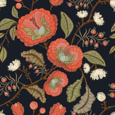 Abstrakte Blumen auf Zweigen auf schwarzem Hintergrund