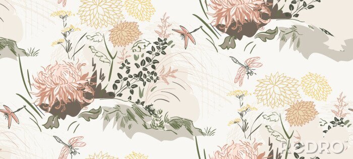 Fototapete Abstrakte Chrysanthemen und Libellen
