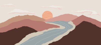 Fototapete Abstrakte Landschaft mit Sonnenuntergang über einem Bergfluss
