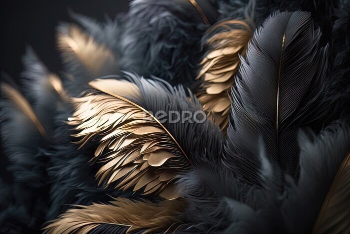 Fototapete Abstrakte schwarze und goldene 3D-Federn