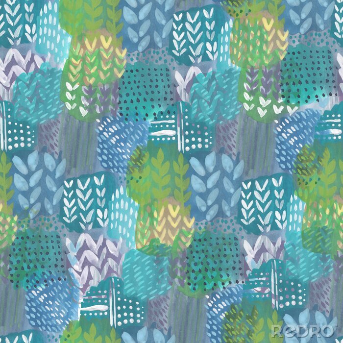 Fototapete Abstrakter Druck mit zufälligen Elementen und Aquarellblättern. Exotisches Muster im Babystil. Hand gezeichnet Illustration