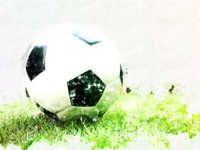 Fototapete Abstrakter Fußballball auf Aquarellmalereihintergrund des grünen Grases.