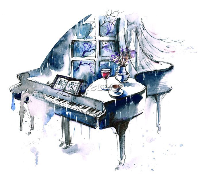 Fototapete Abstraktes blaues Klavier auf einem weißen Hintergrund
