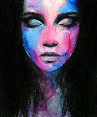 Abstraktes Gesicht einer Frau mit Aquarellfarben gemalt