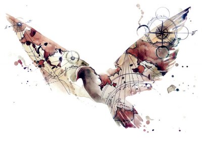 Fototapete Abstraktes Konzept eines fliegenden mit Aquarellfarben gemalten Vogels