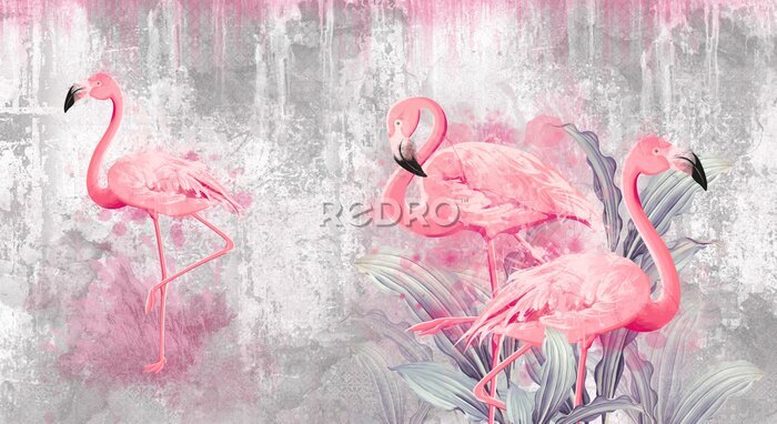 Fototapete Abstraktes Muster mit Flamingos auf Beton-Hintergrund