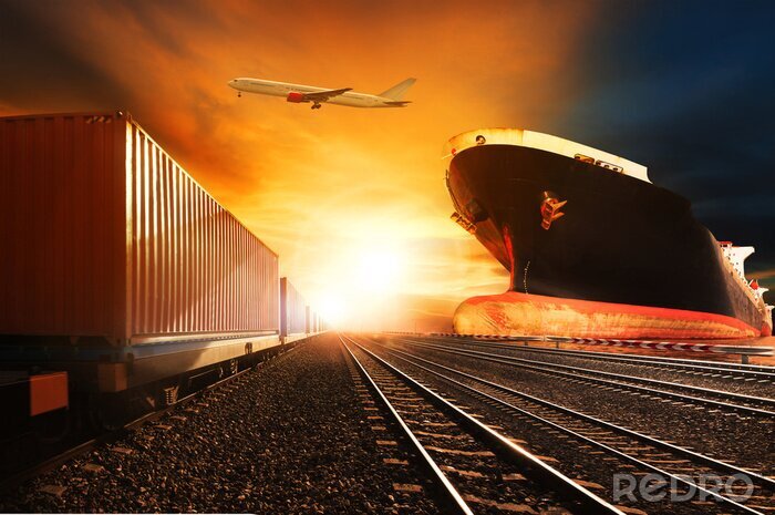 Fototapete Abstraktion Zug Schiff und Flugzeug