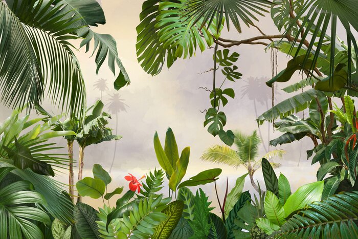 Fototapete Adorable background design with tropical palm and banana leaves, can be used as background, wallpaper