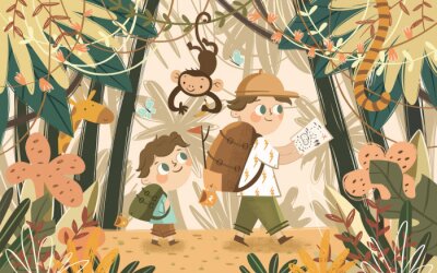 Fototapete Adventures in the jungle and safari. Children vector illustration of kids camping in an exotic forest with african animals monkey and giraffe. Cute drawing of walking and traveling boys.
