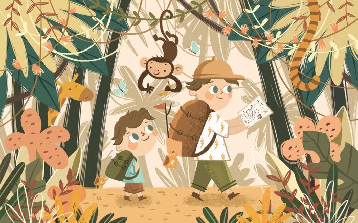 Fototapete Adventures in the jungle and safari. Children vector illustration of kids camping in an exotic forest with african animals monkey and giraffe. Cute drawing of walking and traveling boys.
