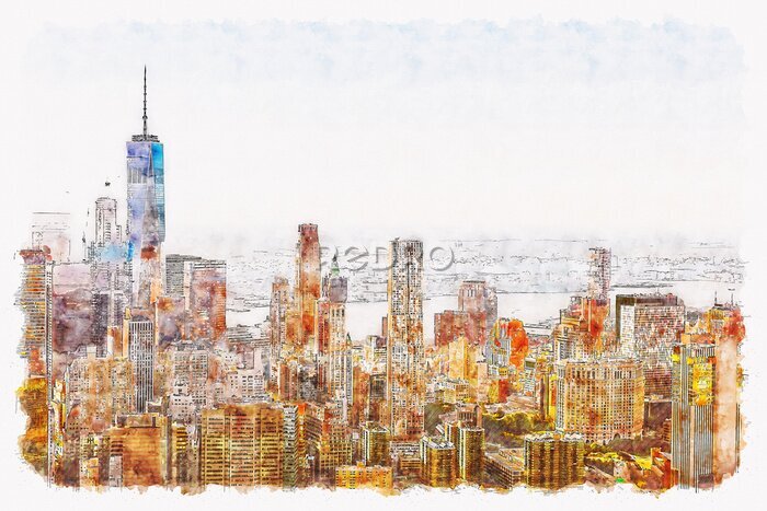Fototapete Aerial view of lower Manhattan New York City watercolor painting