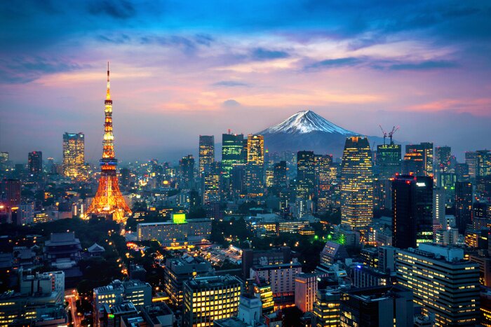 Fototapete Aerial view of Tokyo cityscape with Fuji mountain in Japan.