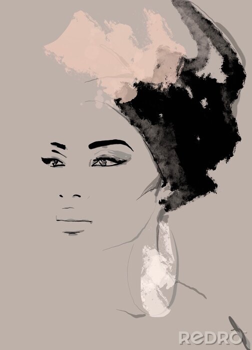 Fototapete African American illustration for fashion banner. Trendy woman model background. Afro hair style girl