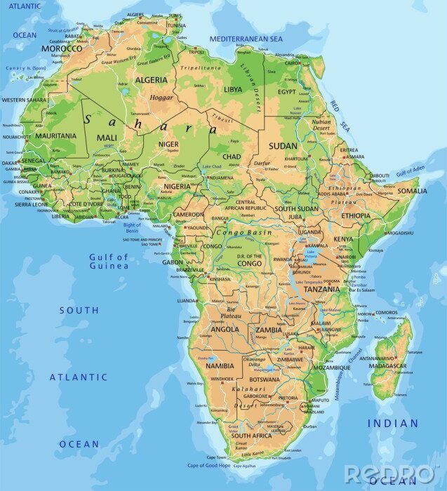 Fototapete Afrika auf der physischen Landkarte