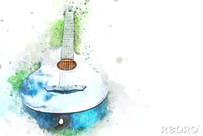 Fototapete Akustikgitarre mit Aquarellfarben gemalt Grafik
