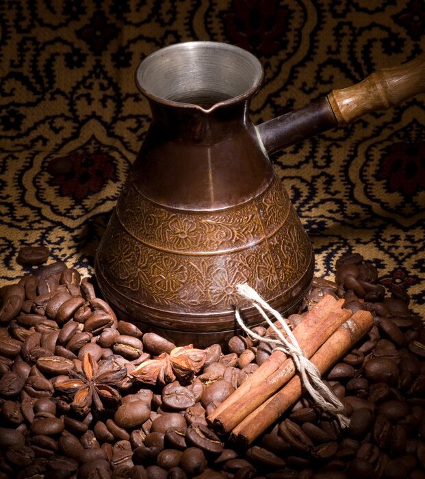 Fototapete Alte  Kaffeekanne und Bohnen