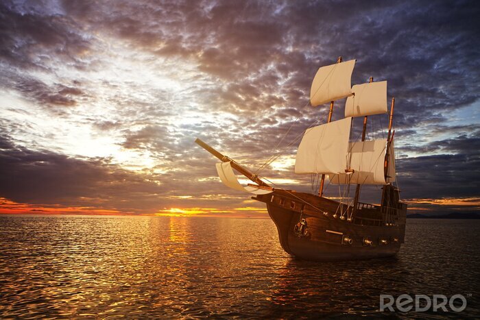 Fototapete Altes Schiff bei Sonnenuntergang