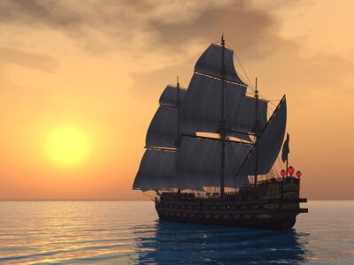Fototapete Altes Segelschiff bei Sonnenuntergang