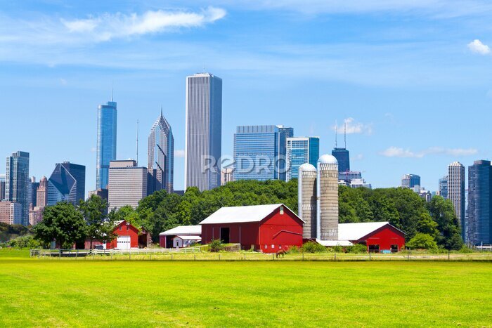 Fototapete American Red Farm Mit Chicago Skyline im Hintergrund