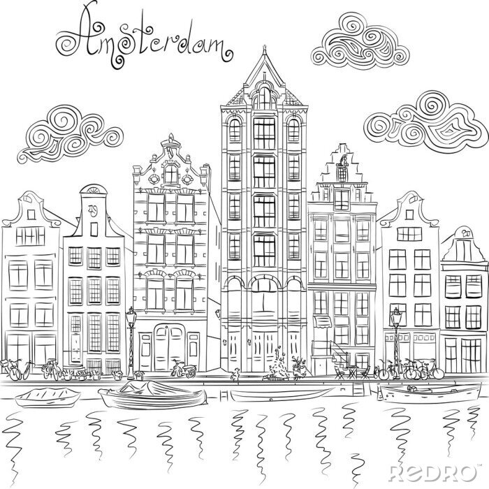 Fototapete Amsterdam auf Illustration Skizze