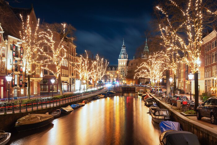 Fototapete Amsterdam bei Nacht mit Lichtern