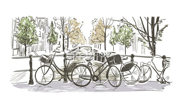 Fototapete amsterdam bicycles vector illustration sketch watercolor sketch