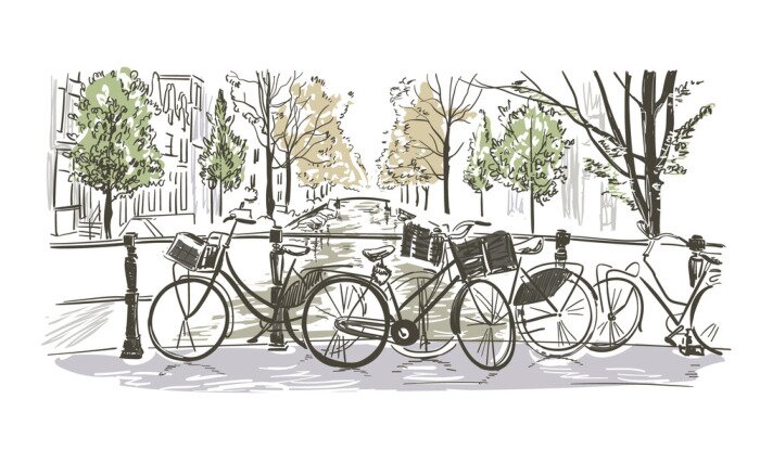 Fototapete Amsterdam bicycles vector illustration sketch watercolor sketch