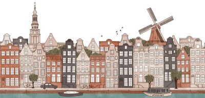 Amsterdam, Niederlande - nahtlose Banner der Skyline von Amsterdam, handgezeichnete und digital farbige Tinte Illustration