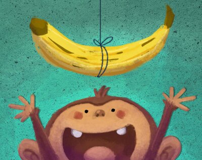 An einer Schnur hängende Banane und Affe